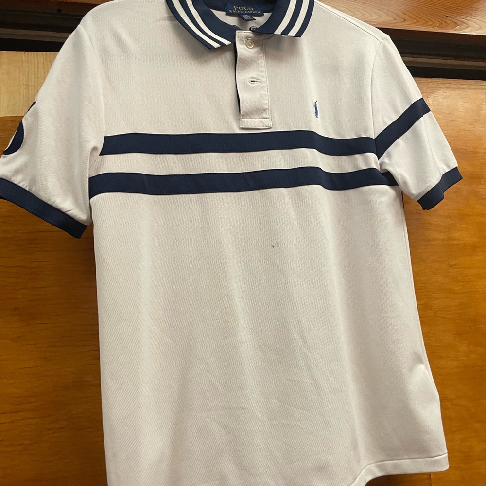 Polo by Ralph Lauren white w/blue stripe and details boys size 14-16. NEW.